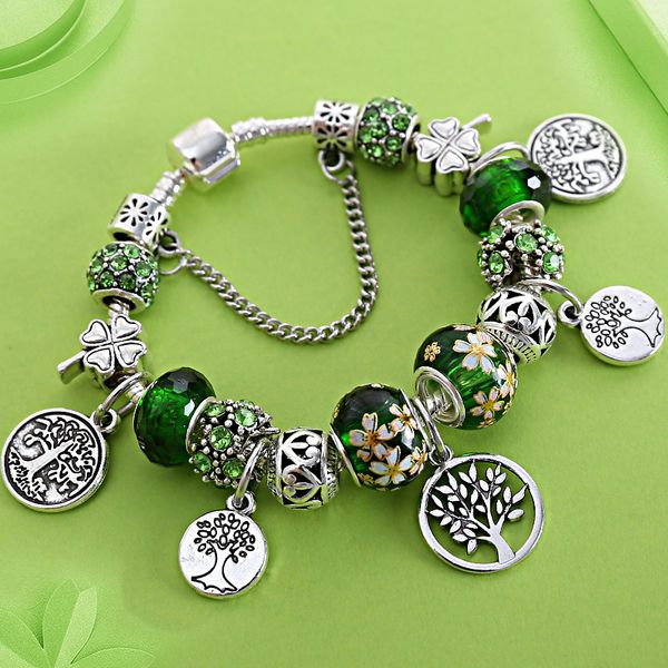 Bracciale Albero della Vita Fili verdi mille facce di cristallo con foro grande perline gioielli con fiori a foglia dipinti