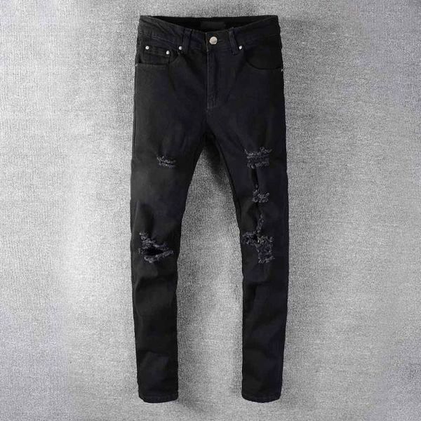 

classic jeans mens hip hop motorcycle distressed fit denim ripped stylist jean slim pants hj3 biker jeans aoskl, Black