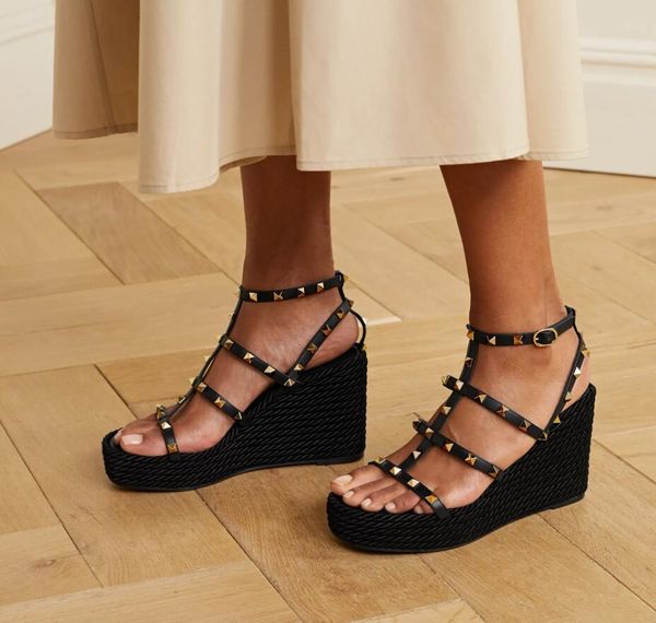 

summer luxury designer women rock stud leather espadrille wedge sandals ankle strappy lady brand high heels comfort wedges eu35-43, Black