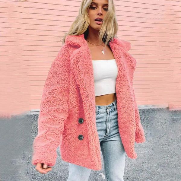 

women's wool & blends ins 2021 woolen coat women warm outwear plush orange pink jacket winter loose cardigan trench solid female f0100, Black