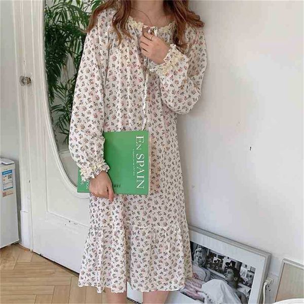 Florals Cotton Printed Sleepwear Sweet Princess Dress Pigiama Chic Girls Casual Homewear Summer Camicia da notte allentata 210525