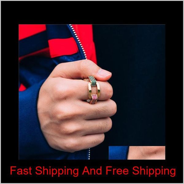 

us size 8 9 10 gold filled colorful rainbow cz green blue red cz paved miami cuban link chain women men rock hip hop engagement ring m thc51, Silver