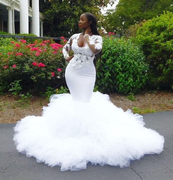 

2021 new african mermaid es ruffles 3d lace appliques wedding illusion long sleeves bridal gowns vestidos de mariee z1qx, White