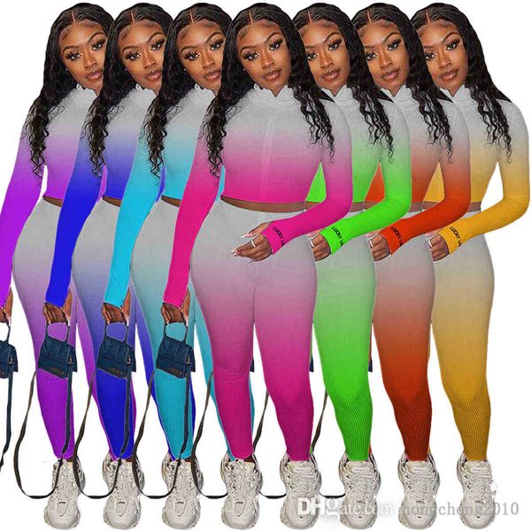 

women designer tracksuits 2 piece pants set slim high collar thread gradient embroidery letter zipper long sleeve bodysuit s-xxl, White