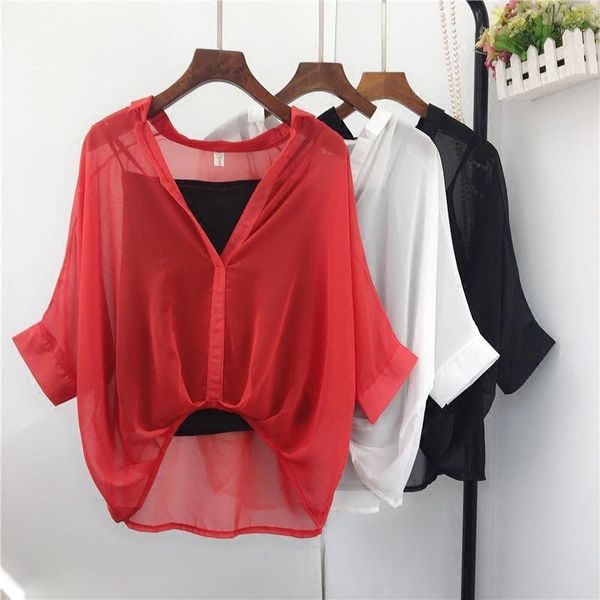 

solid chiffon women blouse 2021 summer two pieces v-neck half-sleeved loose office lady elegant pulls outwear coat women's blouses & s, White