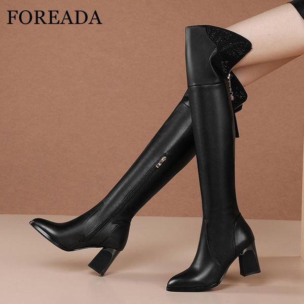 

boots foreada real leather high heel woman zip thick over the knee pointed toe long fringe ladies shoes black