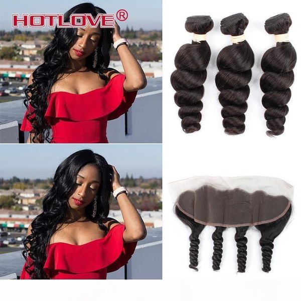 

indian loose wave 13x4 ear to ear lace frontal closure with bundles india loose curl virgin human hair with lace frontal baby hair, Black;brown