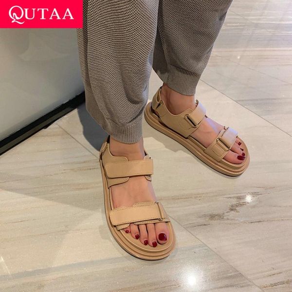 

sandals qutaa 2021 genuine leather open toe summer female shoes wedge heel hook&loop slingback casual basic women size 34-39, Black