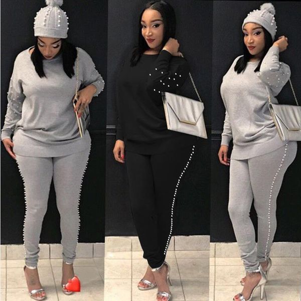 

women clothing two piece set pearl tracksuit beading pants long sleeve 2 piece ladies suits sweatshirt outfits autumn 2pcs, Gray