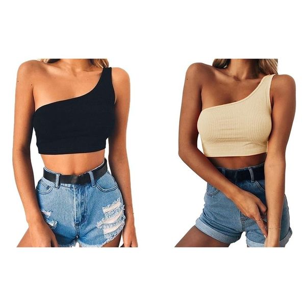

women's tanks & camis 2pcs one shoulder sleeveless crop summer strappy tank tees , black apricot, White