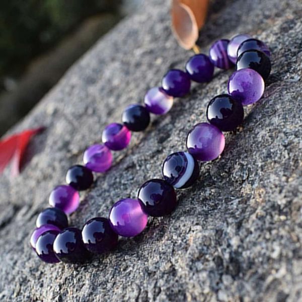 

charm bracelets purple striped agates bracelet women men 8mm natural stone beads handmade lovers friendship gift pulsera, Golden;silver