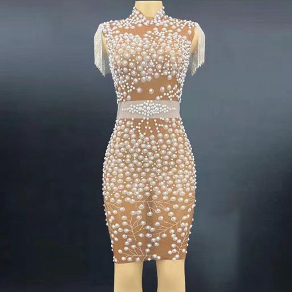

stage wear mesh transparent pearl evening sleeveless rhinestones chains short dress women birthday celebrate party show costume, Black;red