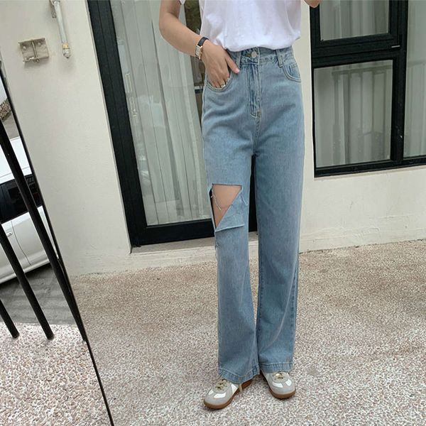 

hole high waist women's autumn loose wide leg pants, Blue