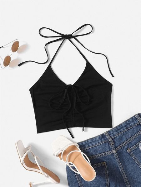 

drawstring knot front tied halter z3tr#, White