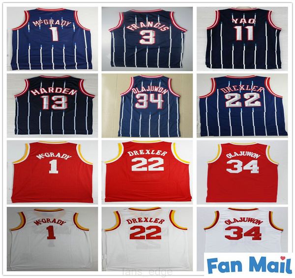 

retro vintage classic basketball 13 harden jerseys hakeem 34 olajuwon tracy steve mcgrady francis yao clyde ming drexler high quality, Black;red