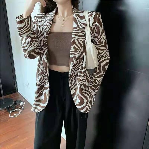 

women's suits & blazers zebra print shirt spring and autumn 2021 loose thin korean fashion all-match suit collar top, White;black