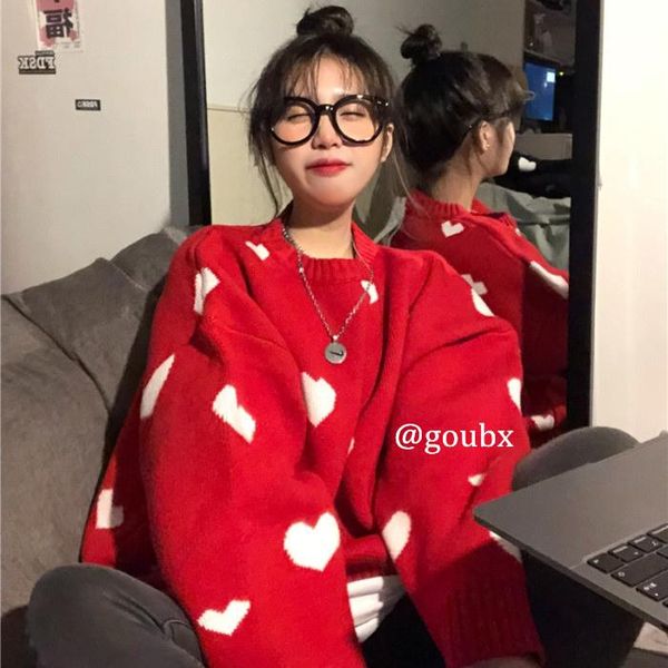 

women's sweaters 2021 spring and autumn red style love brocade sweater fashion all-matching idle outerwear top, White;black