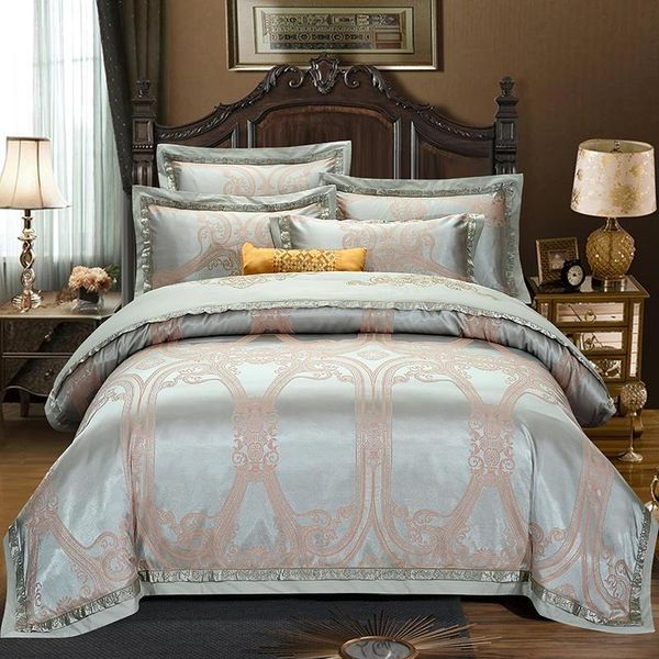 

bedding sets luxury 4 pcs jacquard soft cotton satin silky embroidery duvet cover bed sheet pillowcases with zipper  king size