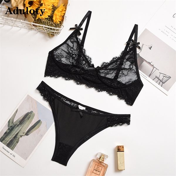 

aduloty new womens fashion lace bow erotic sling underwear net gauze thin transparent bra panties lingerie set, Black;white