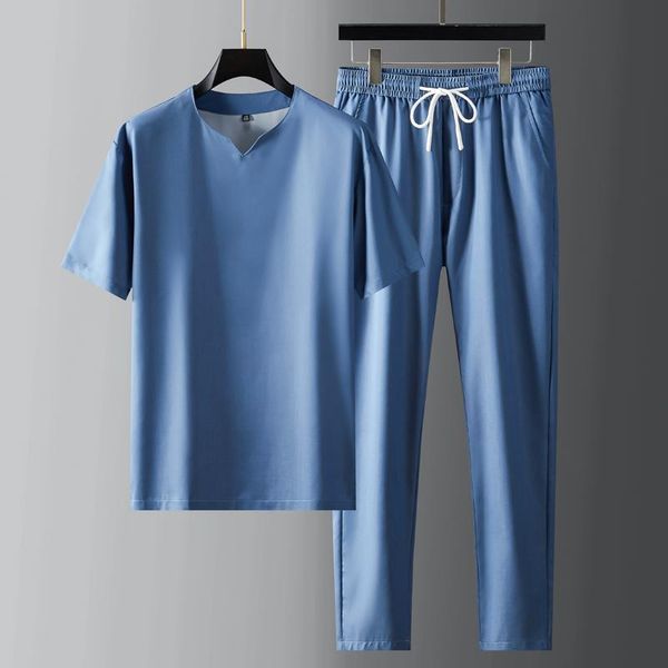 

jogging clothing 2021 summer tencel mens sets (t-shirt+pants) luxury ventilate thin sport casual male fashion slim elastic waist man suits, Black;red