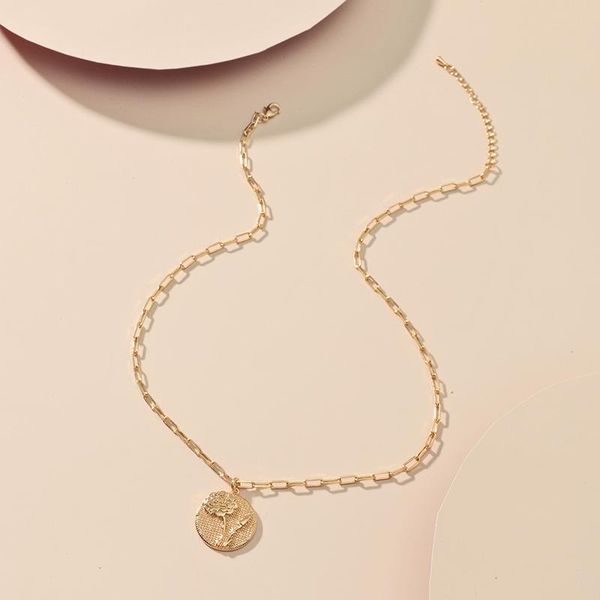 

pendant necklaces vintage metal flower engarved round coin necklace gold color clavicle chain gothic collar women's jewelry, Silver