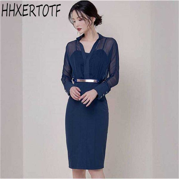 

autumn fashion ol professional women dresses temperament chiffon patchwork fake two-piece slim hip dress vestidos 210531, Black;gray
