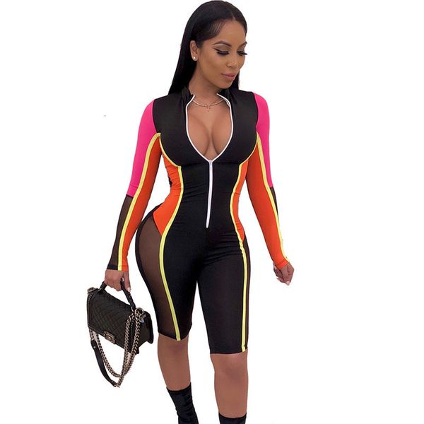 

splicing mesh sheer playsuits women moto biker front zipper long sleeve jumpsuit shorts knee-length bodycon romper overalls, Black;white