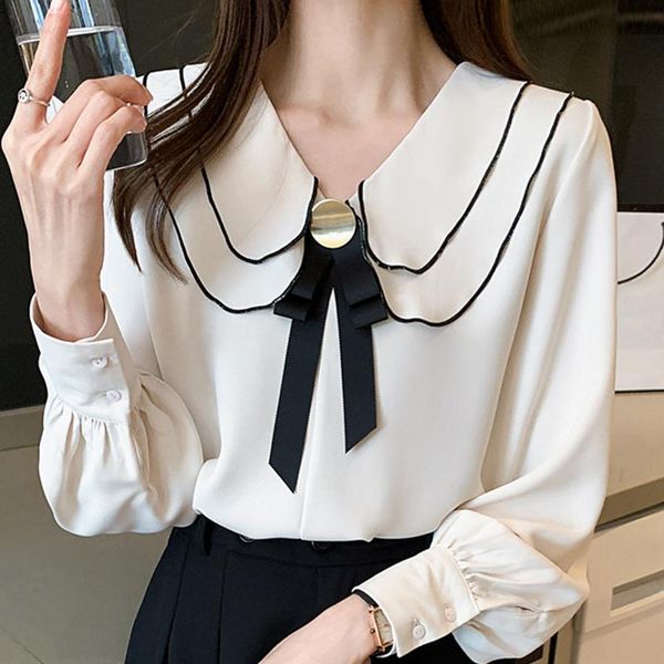 

women's blouses & shirts autumn women solid chiffon blouse shirt long sleeve blusas mujer de moda 2021 femme f173, White