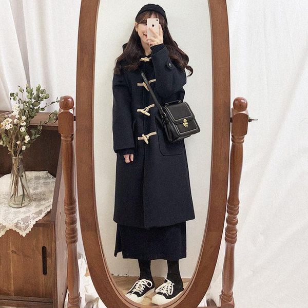 

women's wool & blends korean women clothing mid-length woolen coat 2021 autumn and winter thick hooded horn buttoned woman parkas p470, Black