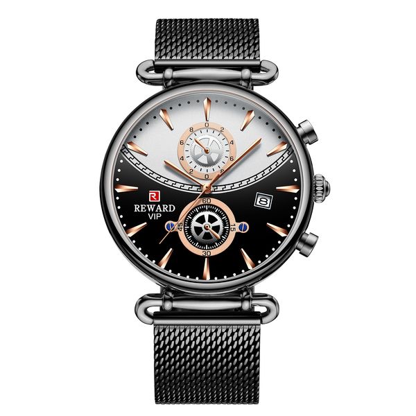 

reward vip watches chronograph causal men quartz wrist watch with calender mens stainless steel business wristwatches metal mesh watchband r, Slivery;brown