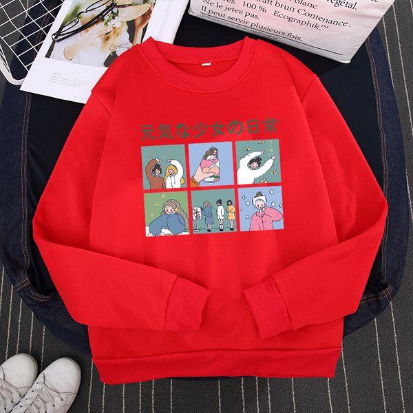 

harajuku women round neck cute cartoon pullover loose casual long sleeve korean style, Red;black