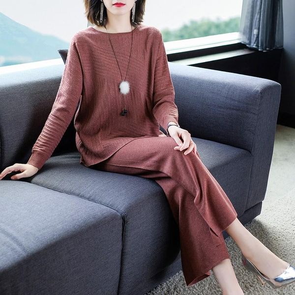 

two piece dress knitting tracksuit female sweater pantsuit for women set knitted pullover o-neck long sleeve wide leg pants suit, White