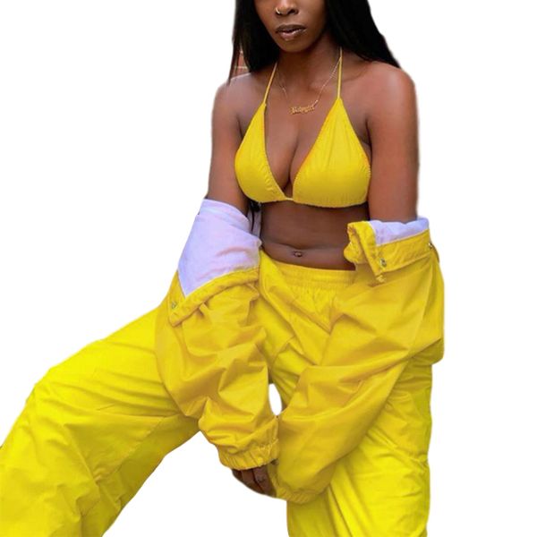 

3pcs set women tracksuit casual club sport outfits lace up halter bra +jackets coat+joggers cargo pants streetwear, Black