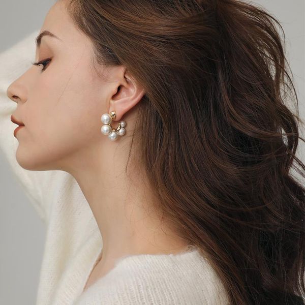 

hoop & huggie pearl open earring hoops trendy elegant vintage earrings gold color double decker for women girls gifts jewelry, Golden;silver