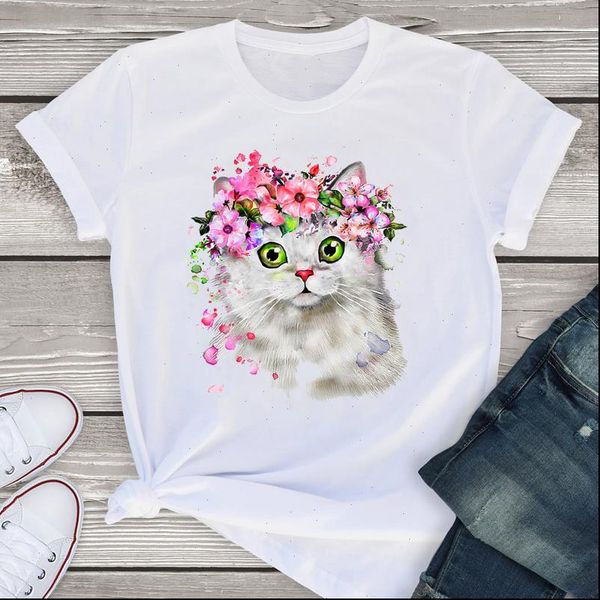 

women graphic short sleeve cartoon cat flower floral cute summer shirt tees clothing female t shirt womens t shirt, White