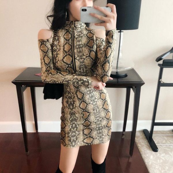 

casual dresses snake sheath mini dress women spring autumn long-sleeve zipper off shoulder wrap lady fashion club party, Black;gray
