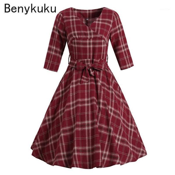 

casual dresses spring autumn check plaid v-neck high waist wrap dress belted elegant pin up vintage 3/4 sleeve a-line party women, Black;gray