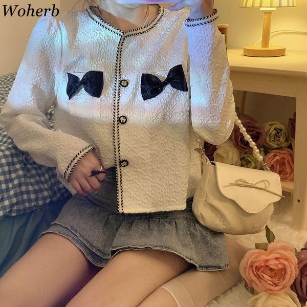 

women's jackets woherb vintage jacket for women sweet bow temperament coat o-neck long sleeve outwear ropa de mujer office lady elegant, Black;brown