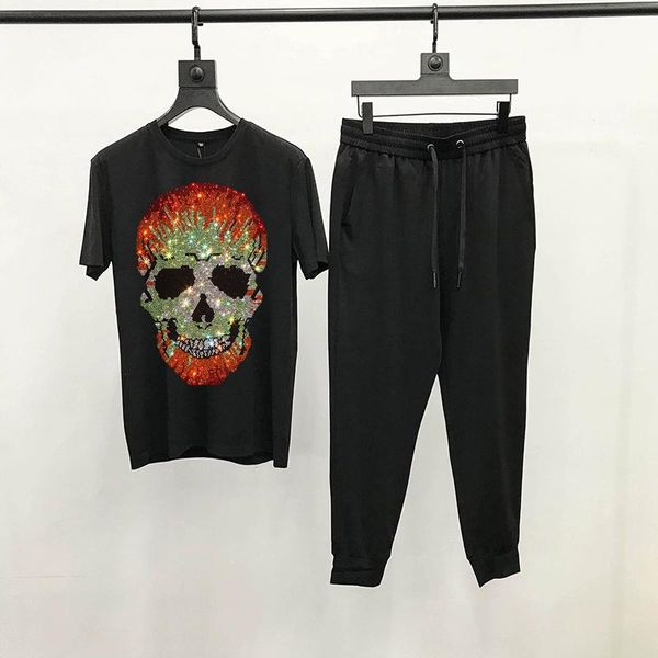 

men's tracksuits skull tracksuit comfortable three-dimensional design t-shirt youth brand pure cotton 100% short sleeve diamond sets cl, Gray