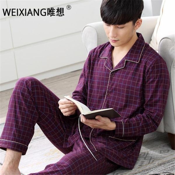 

weixiang spring autumn men's pajamas long sleeve sleepwear cotton plaid cardigan pyjamas men lounge pajama sets plus size -4xl, Black;brown