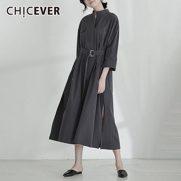 

chicever gray shirt dress for women stand collar long sleeve high waist patchwork lace up ruched oversized dresses female 2021, Black;gray