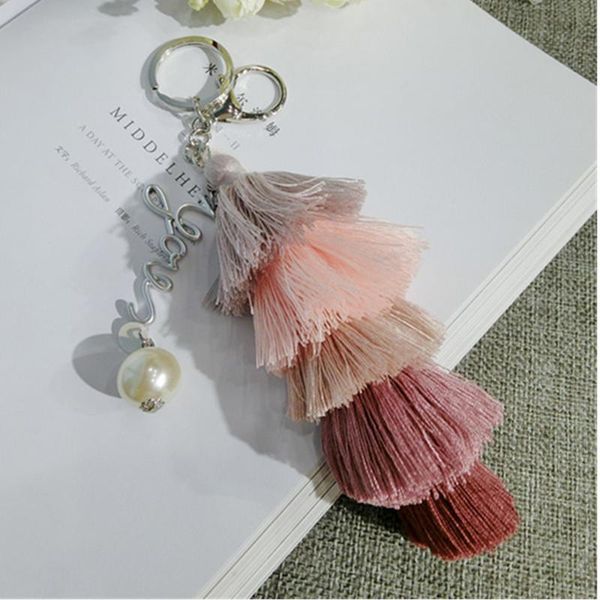 

keychains fashion rainbow colored cotton tassel keychain key ring holder bag buckle pendant for car keyrings women charms jewelry gifts, Silver