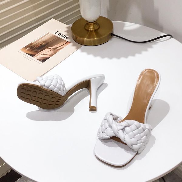 

2021 pu leather braided high sandals women runway party woman cross folds mules shoes thin heel slippers new pq0f, Black