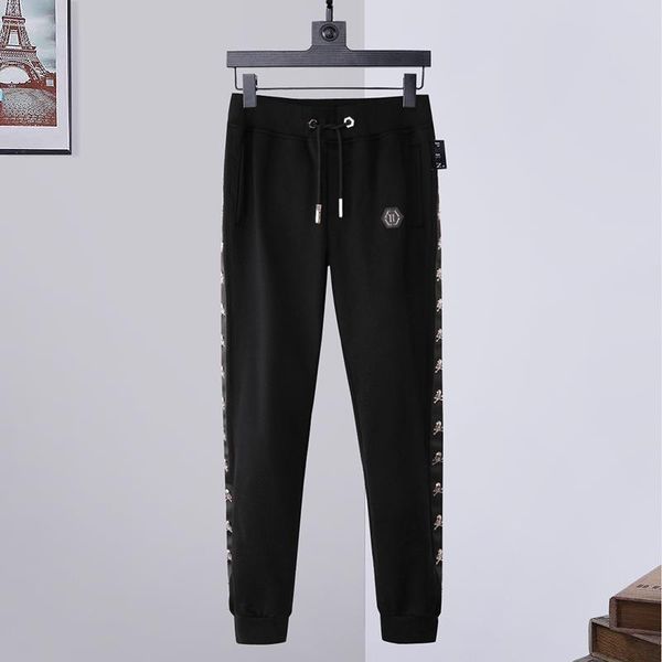 

men's pants sweatpants pp skull metal decoration trend european and american fashion pure cotton slim trousers a/w, Black
