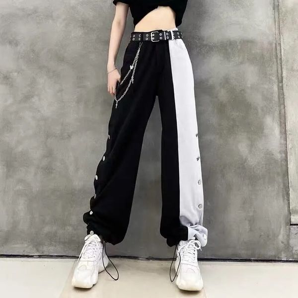 

female cargo pants elastic waist wide leg korean ladies high street pant plus size new arrival contrast fashion zhrd, Black;white
