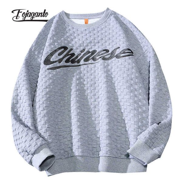

fojaganto waffle shaped men's sweatshirt, round neck, printed with letters, korean ins, fashion, brand, street, spring and autumn, Black