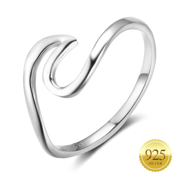 Mulheres S925 Sterling Silver Ring Simple Wave Design Simples Polido para Meninas Anniversary Presente