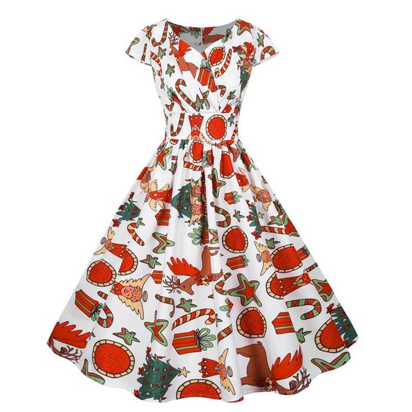 

casual dresses women vintage big swing christmas print winter short sleeve v neck year party dress harajuku plus size, Black;gray