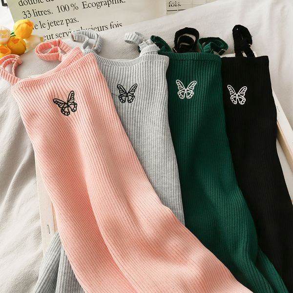 

2021 new knitted butterfly bodycon soft straps casual sleeveless one piece holiday plain a-line midi women pb1n, Black