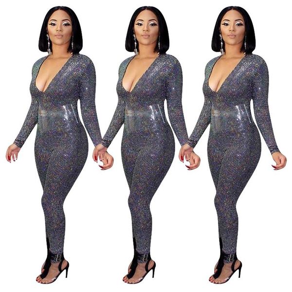 

women's jumpsuits & rompers streetwear sequin jumpsuit women sparkly bodycon v neck glitter club party overalls wholesale drop, Black;white